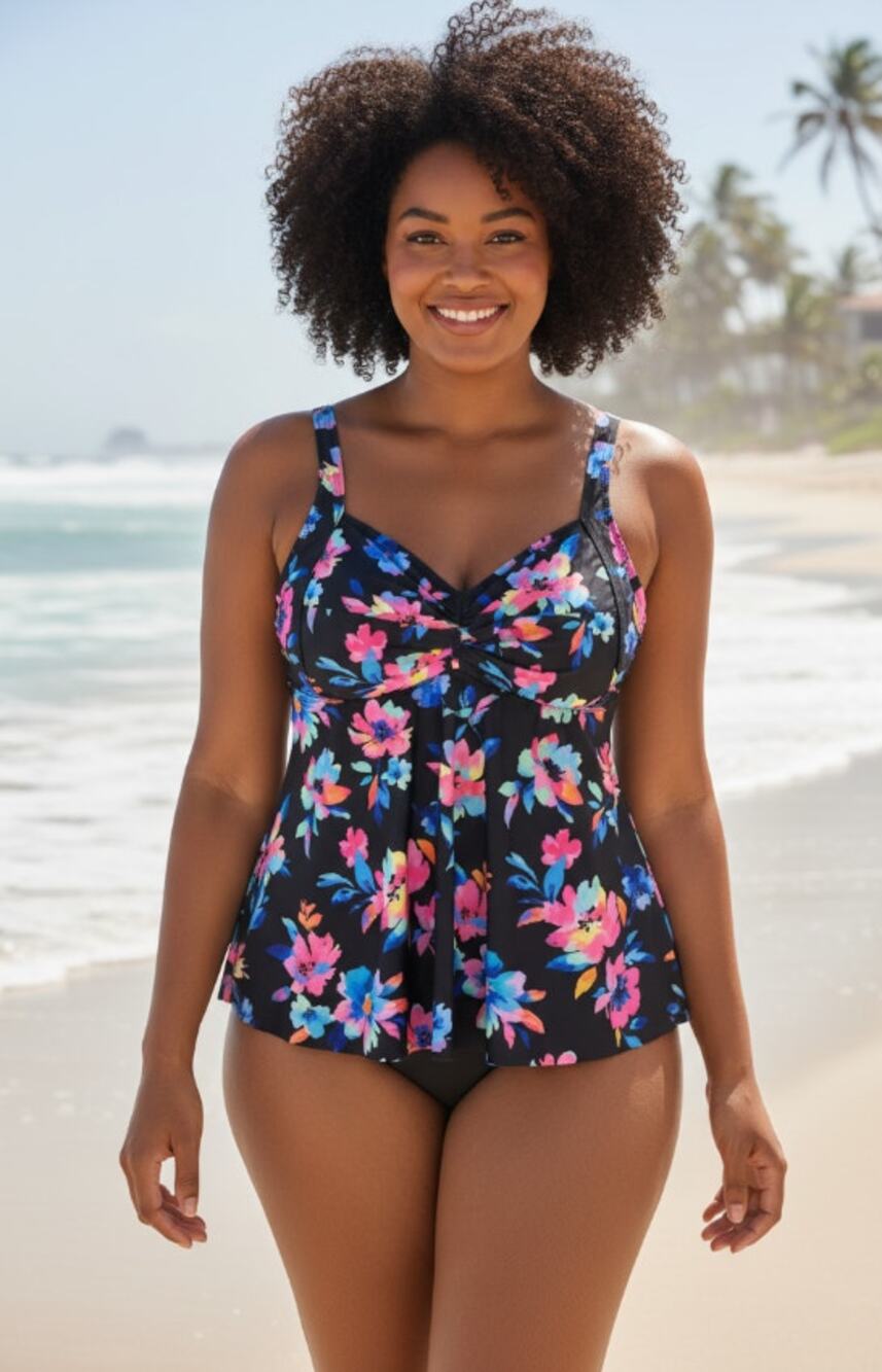 Aqua Eve Black Watercolor Floral Tankini Swim Top Plus Size 20W NWT